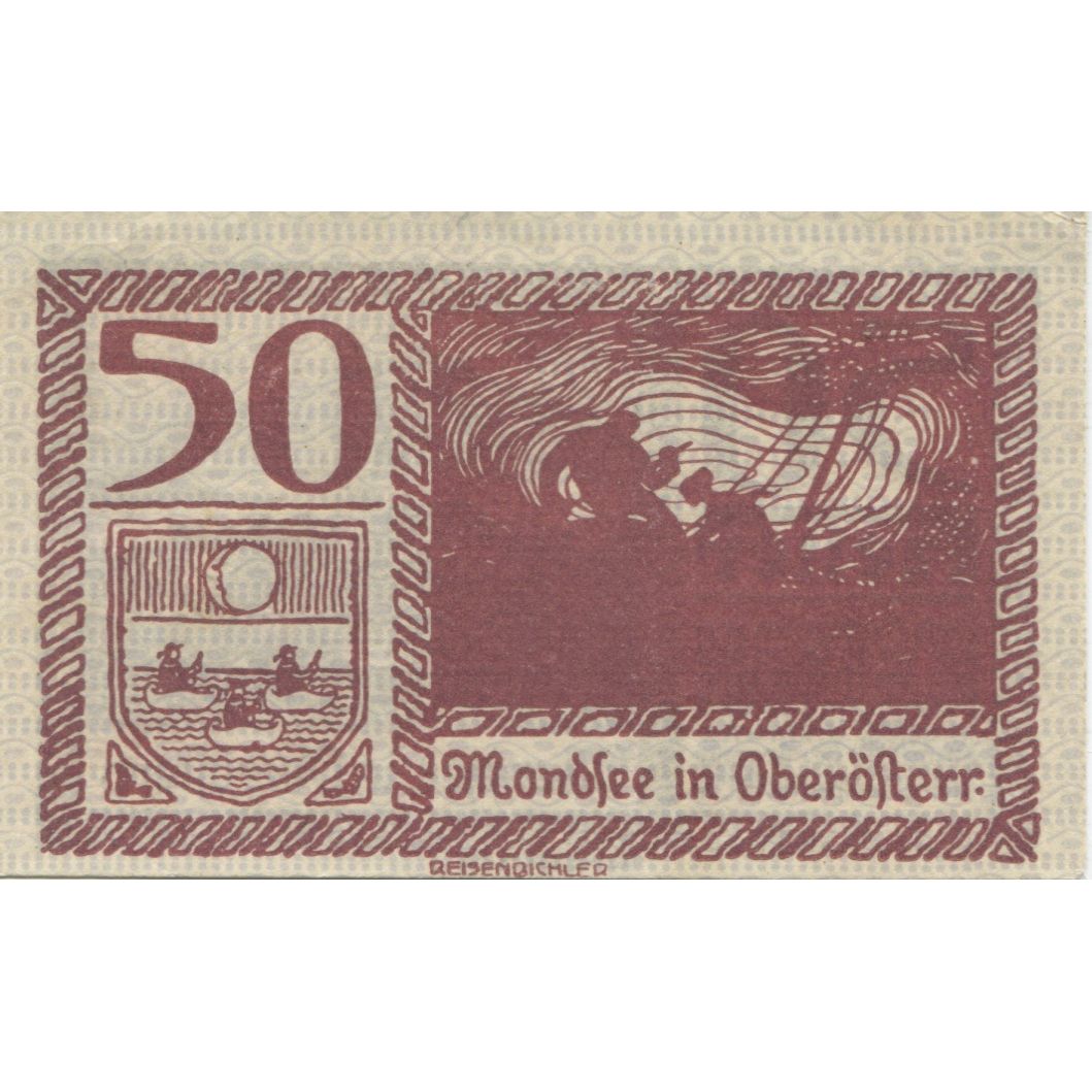 Banknote, Austria, Mondsee, 50 Heller, paysage, 1920 UNC(63) Mehl:FS 626a1