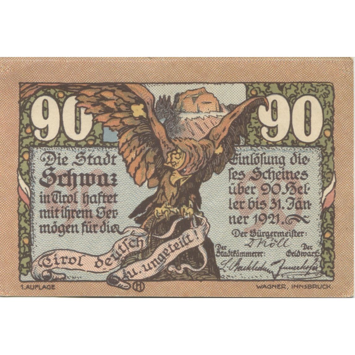 Geldschein, Österreich, Schwaz, 90 Heller, rocher, 1920, UNZ- Mehl:FS 983a