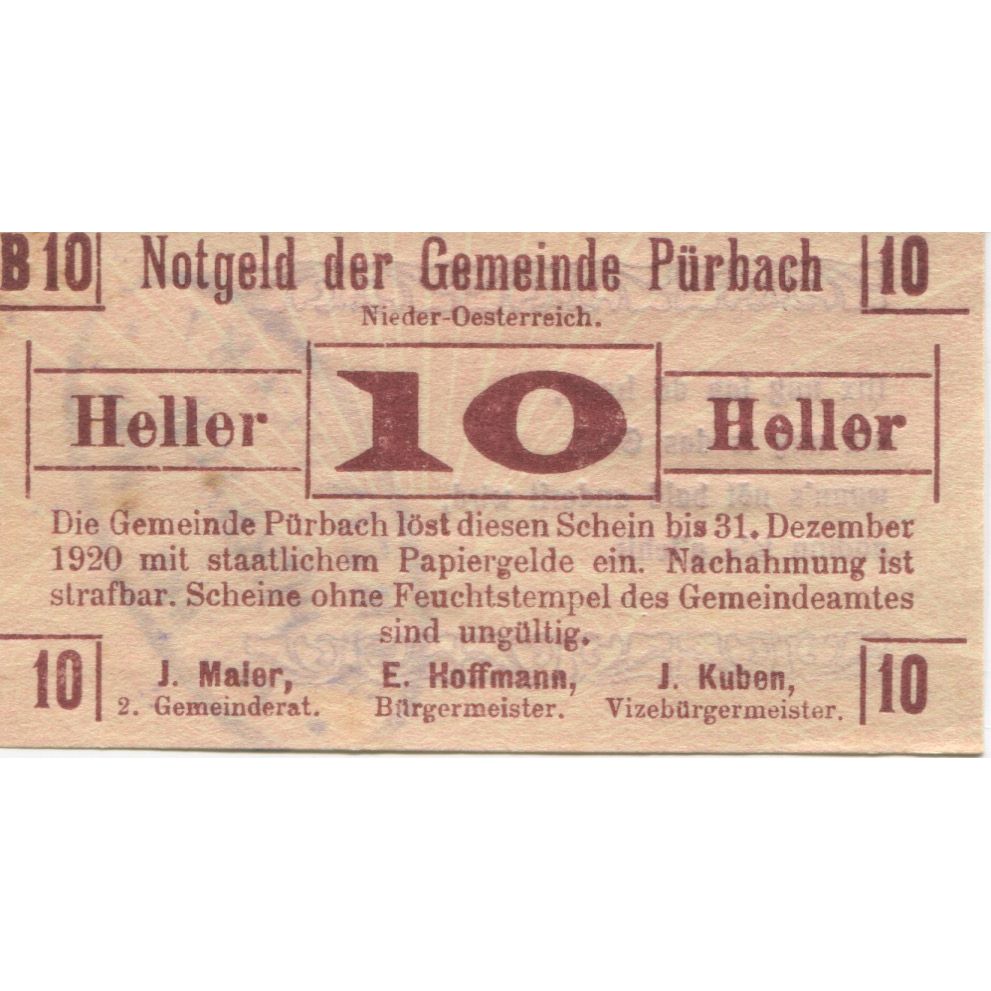 Biljet, Oostenrijk, Pürbach, 10 Heller, Texte 1920-12-31, SPL Mehl:FS 793IIa