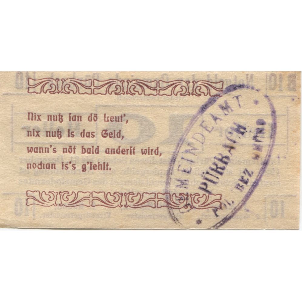 Biljet, Oostenrijk, Pürbach, 10 Heller, Texte 1920-12-31, SPL Mehl:FS 793IIa
