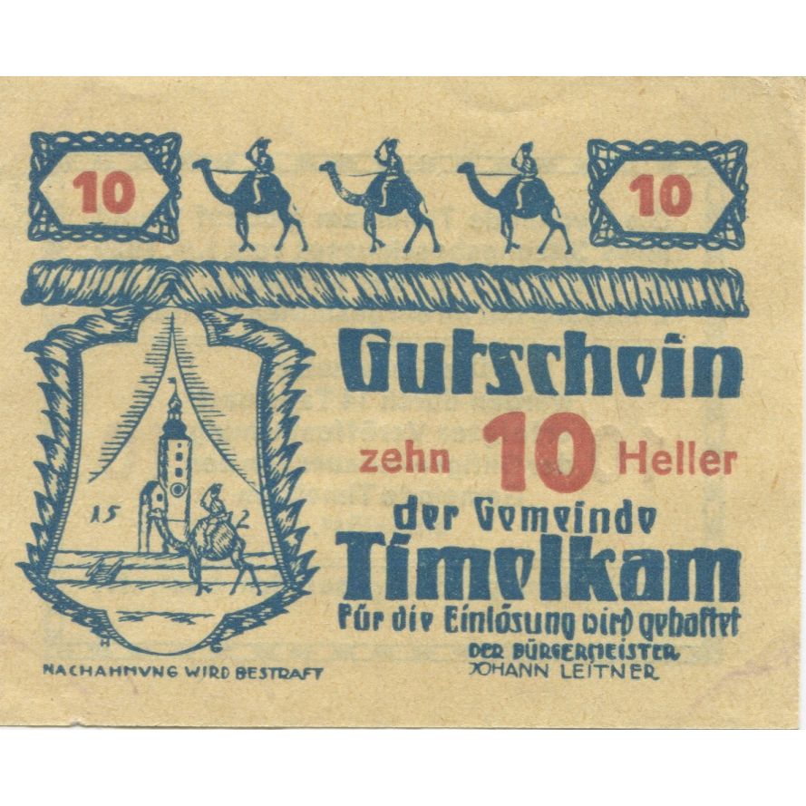 Billet, Autriche, Timelkam, 10 Heller, Blason, 1920, SPL, Mehl:FS 1072