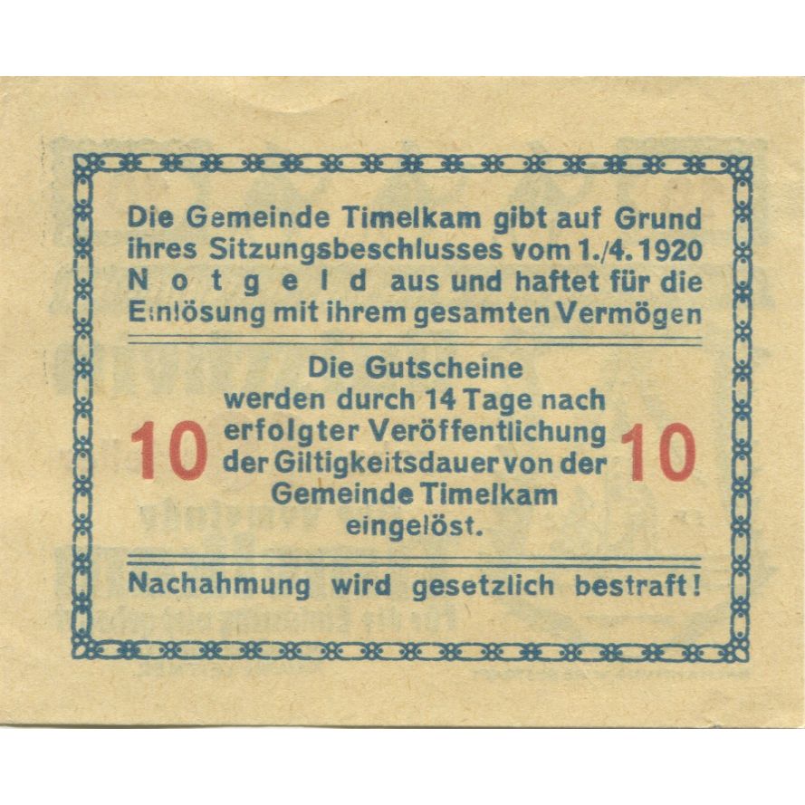 Billet, Autriche, Timelkam, 10 Heller, Blason, 1920, SPL, Mehl:FS 1072