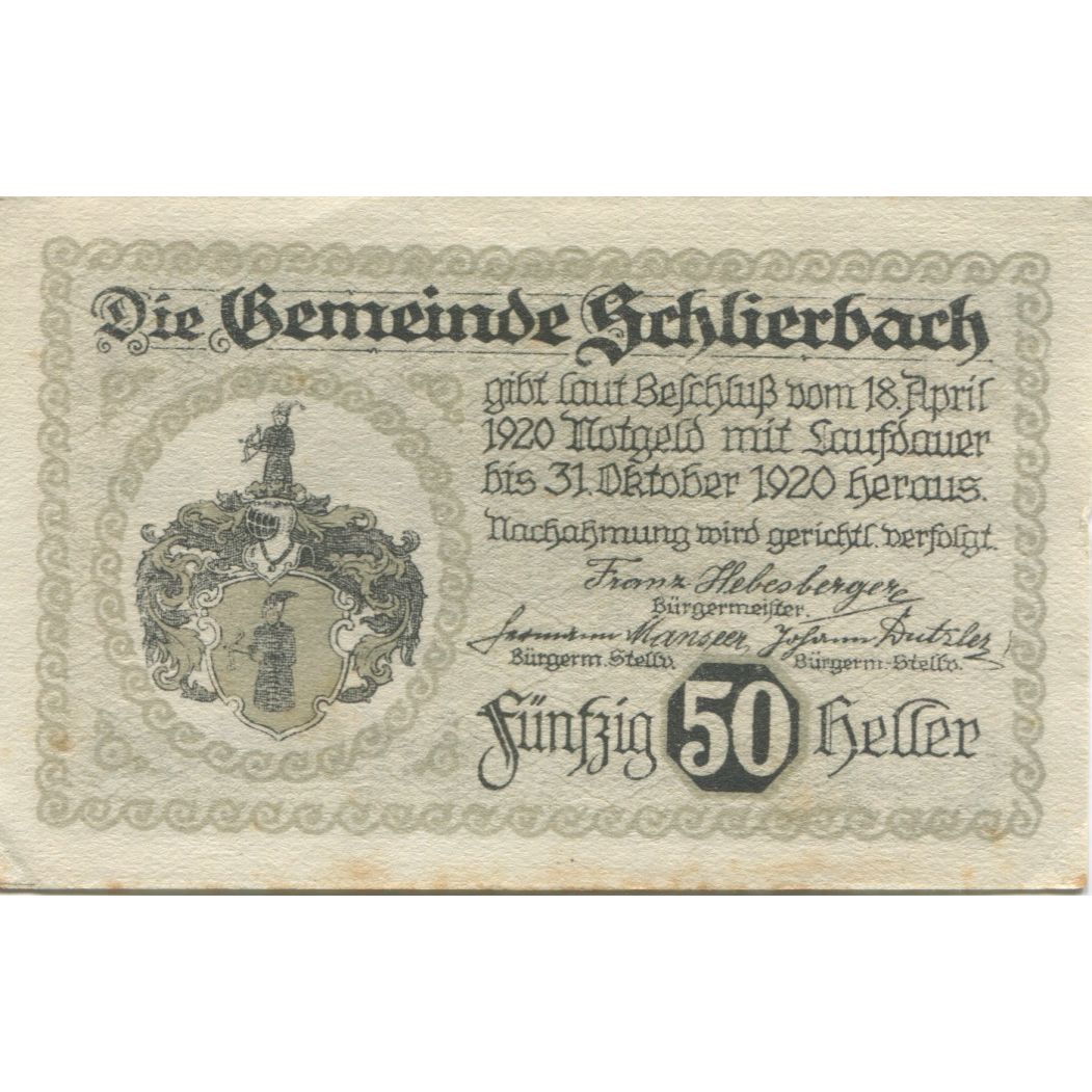 Banknote, Austria, Schlierbach, 50 Heller, Blason, 1920 UNC(63) Mehl:FS 962I