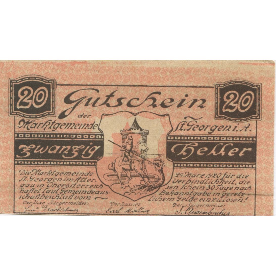 Geldschein Österreich St Georgen, 20 Heller, paysage, 1920, UNZ-, Mehl:FS 888Ia