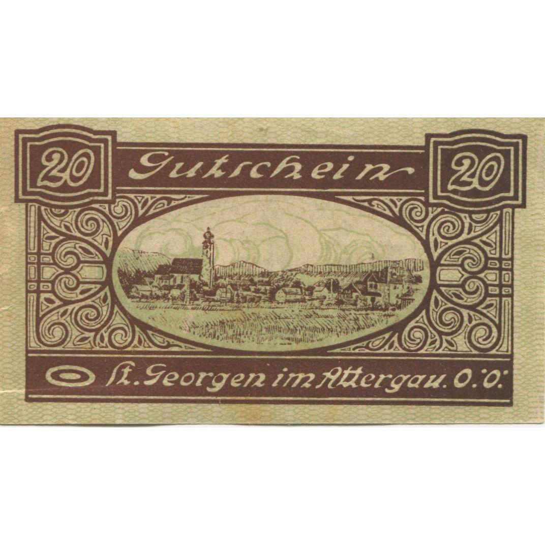 Banconote, Austria, St Georgen, 20 Heller, Eglise, 1920, SPL, Mehl:FS 888Ia