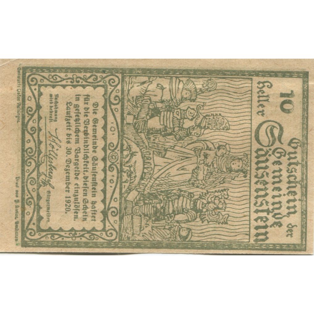 Banknote, Austria, Säusenstein, 10 Heller, village, 1920 UNC(63) Mehl:FS 950c