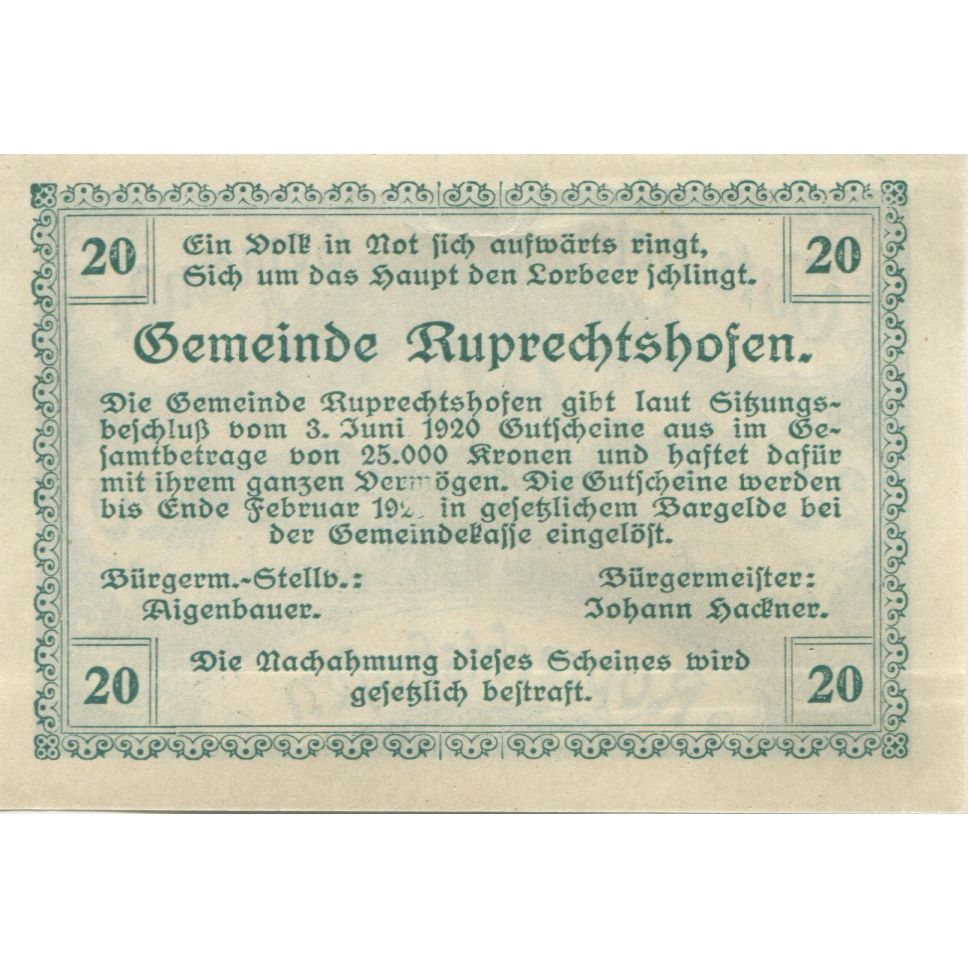 Geldschein, Österreich Ruprechtshofen 20 Heller fleuve 1920, UNZ-, Mehl:FS 901a