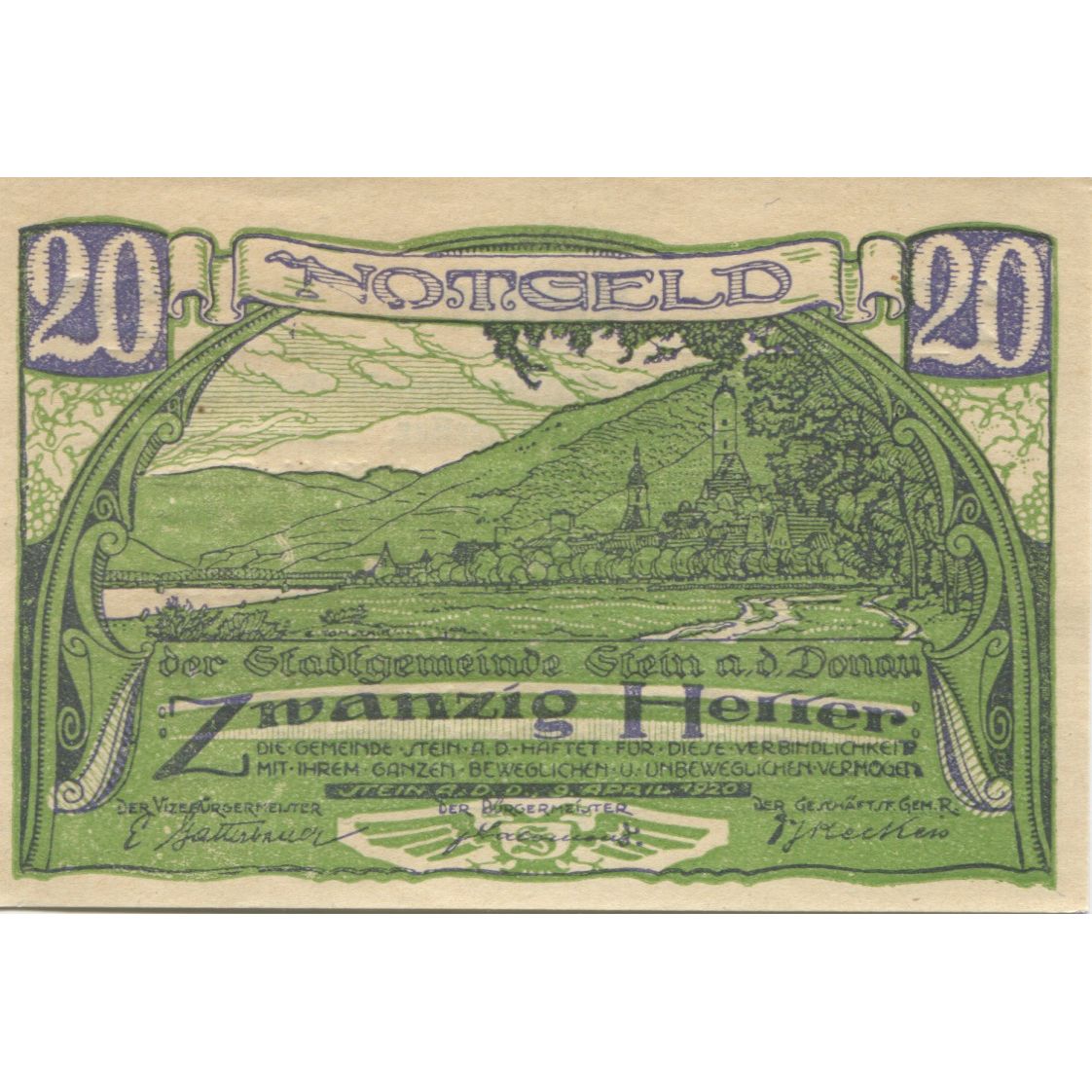 Geldschein, Österreich, Stein 20 Heller, paysage, 1920 UNZ- Mehl:FS 1015I.1