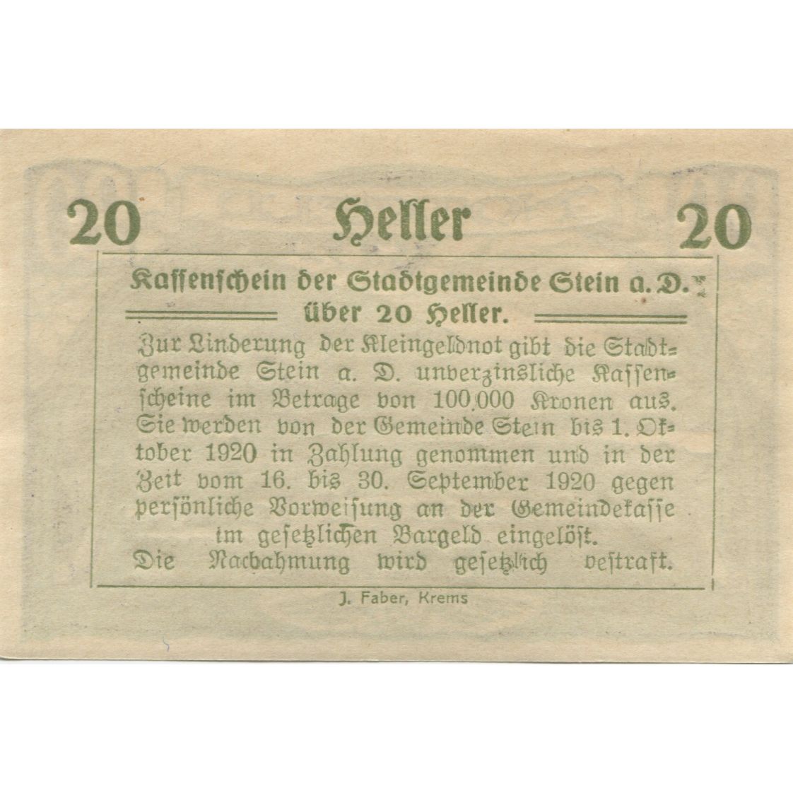 Geldschein, Österreich, Stein 20 Heller, paysage, 1920 UNZ- Mehl:FS 1015I.1
