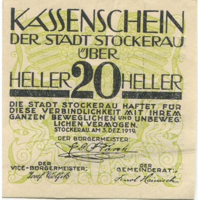 Geldschein, Österreich, Stockerau, 20 Heller, Texte 1920 UNZ- Mehl:FS 1038