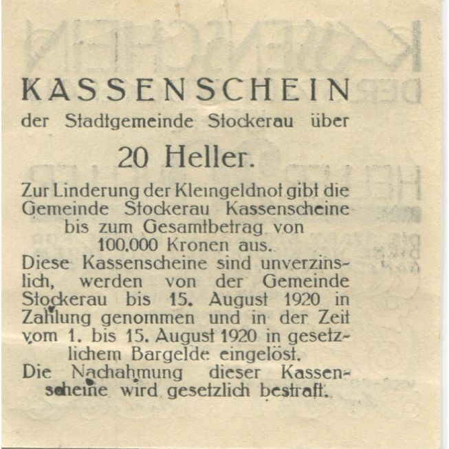Geldschein, Österreich, Stockerau, 20 Heller, Texte 1920 UNZ- Mehl:FS 1038