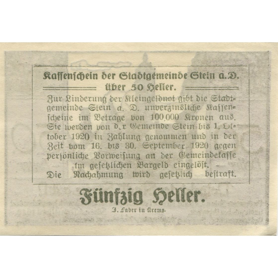Geldschein, Österreich, Stein a/d Donau 50Heller, rue, 1920 UNZ- Mehl:FS 1015I.1