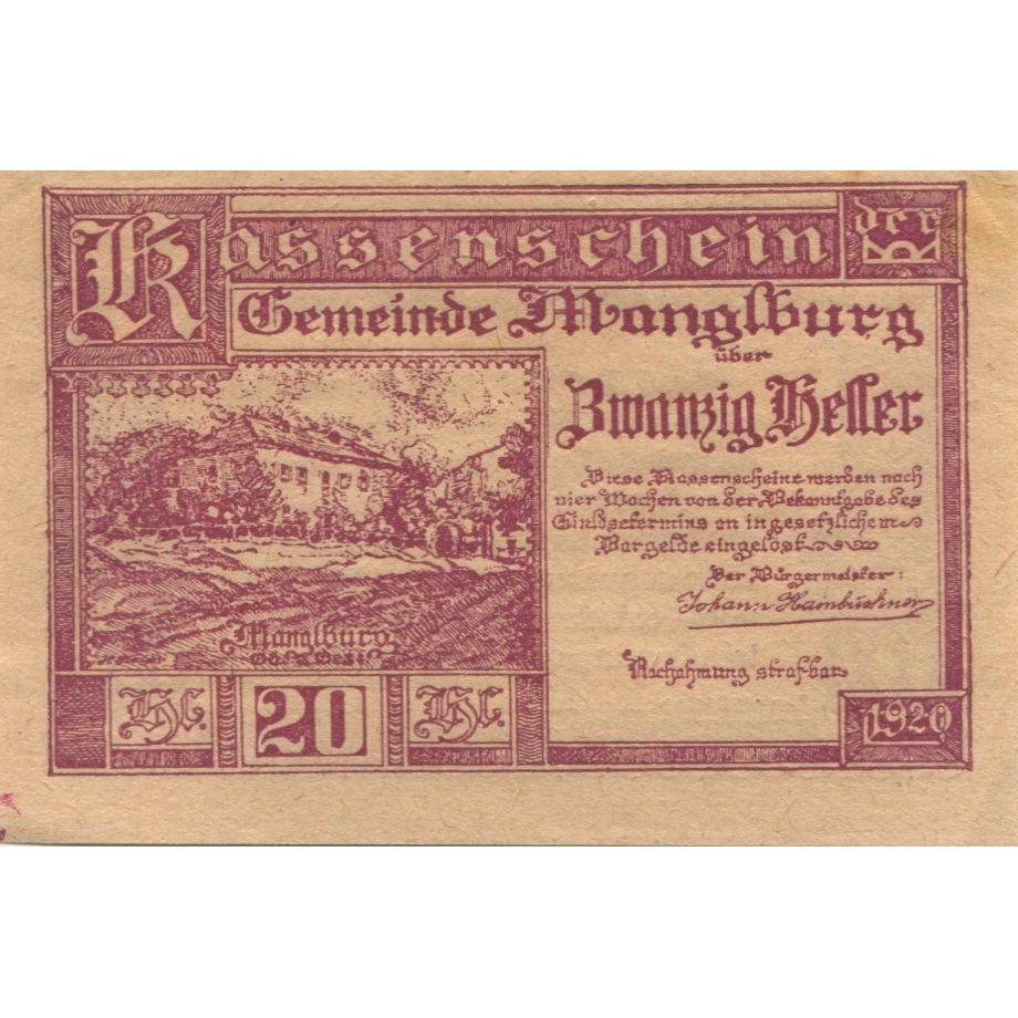 Geldschein, Österreich, Manglburg, 20 Heller, ferme, 1920 UNZ- Mehl:FS 288