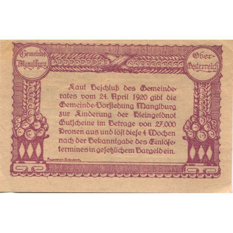 Geldschein, Österreich, Manglburg, 20 Heller, ferme, 1920 UNZ- Mehl:FS 288