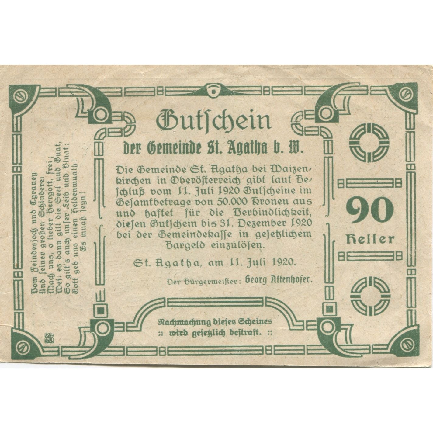 Geldschein, Österreich, St Agatha, 90 Heller, cheval, 1920 VZ Mehl:FS 877
