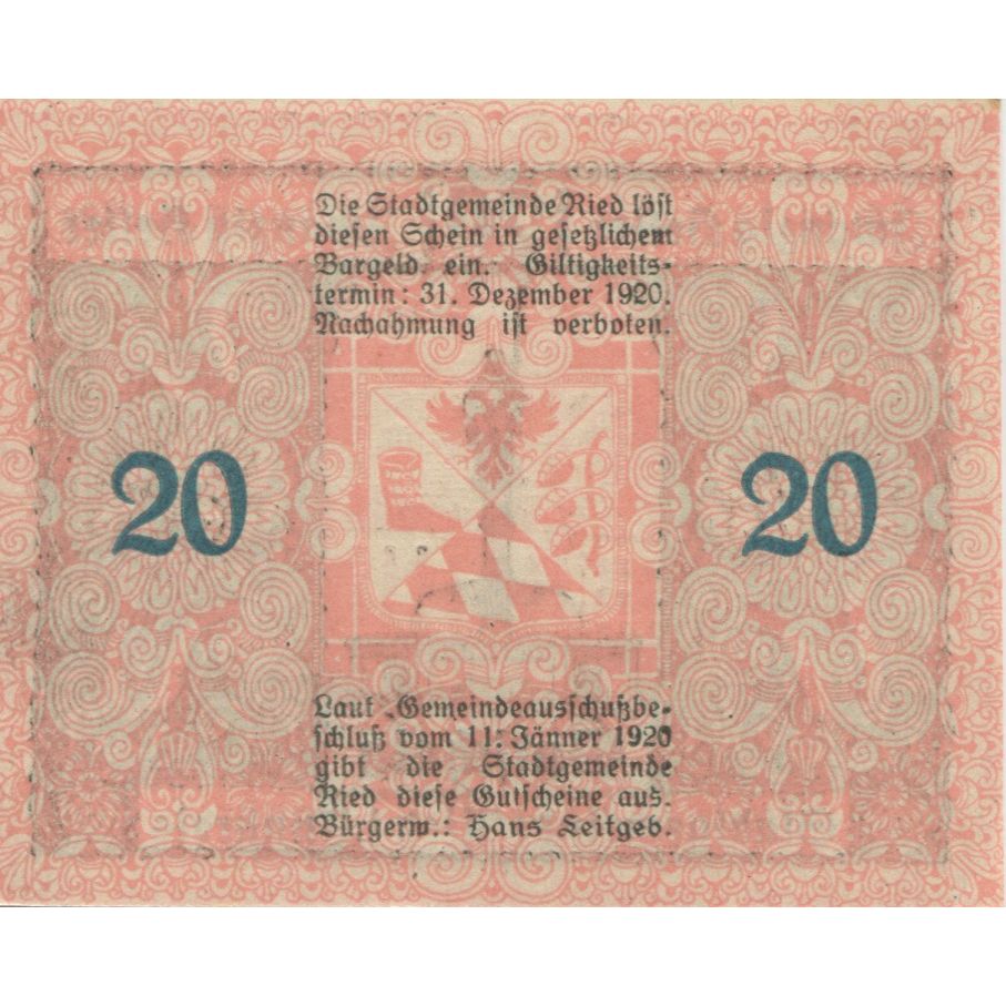 Banknote, Austria, Ried, 20 Heller, place, 1920 UNC(63), Mehl:FS 834IIa