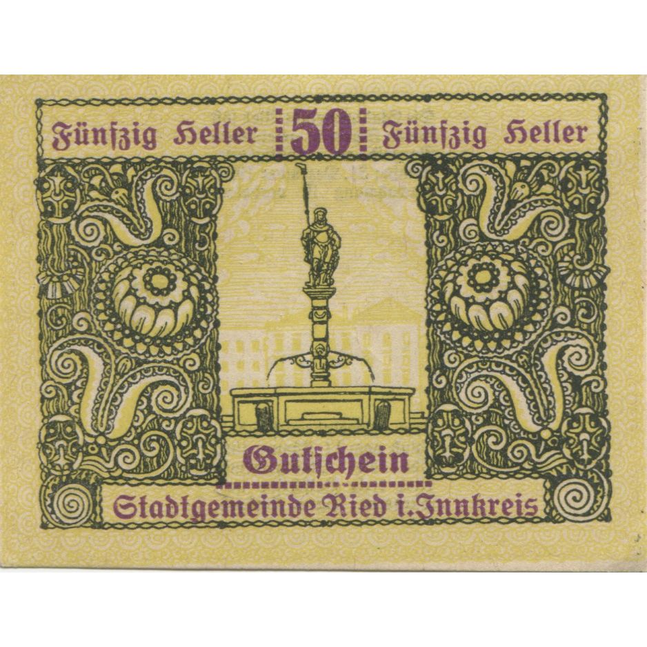 Geldschein, Österreich, Ried, 50 Heller, personnage 1920 UNZ-Mehl:FS 834IIa