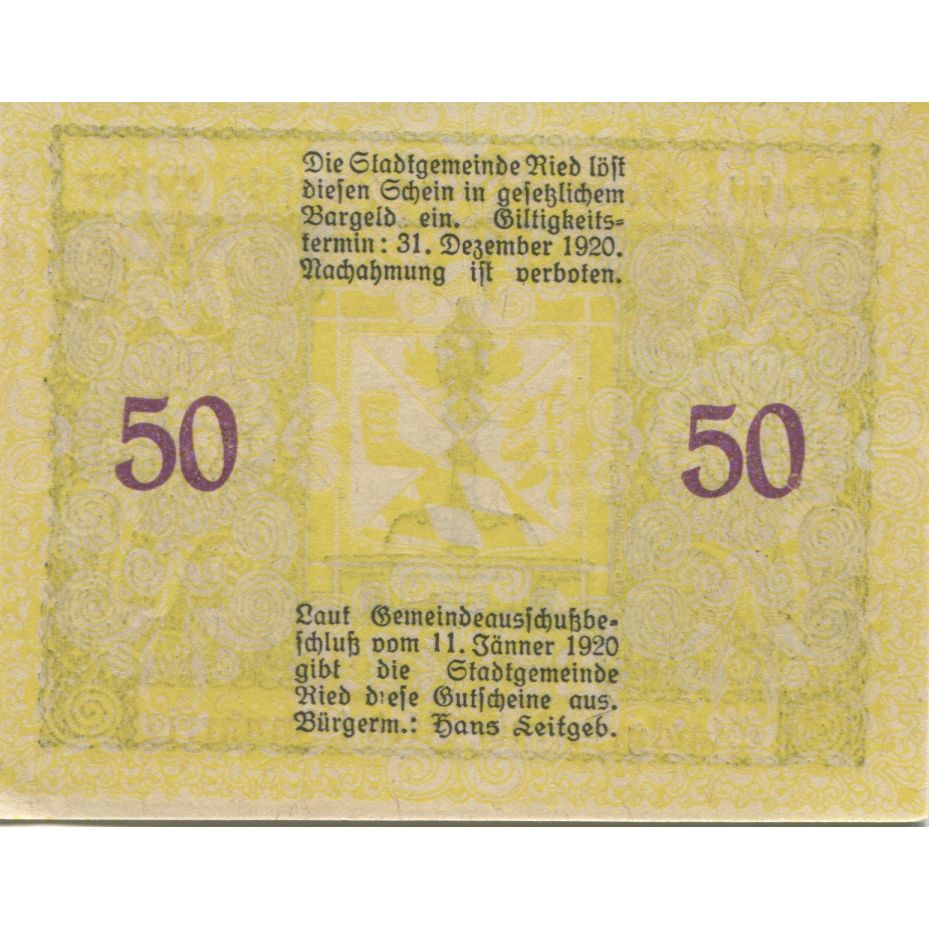 Geldschein, Österreich, Ried, 50 Heller, personnage 1920 UNZ-Mehl:FS 834IIa