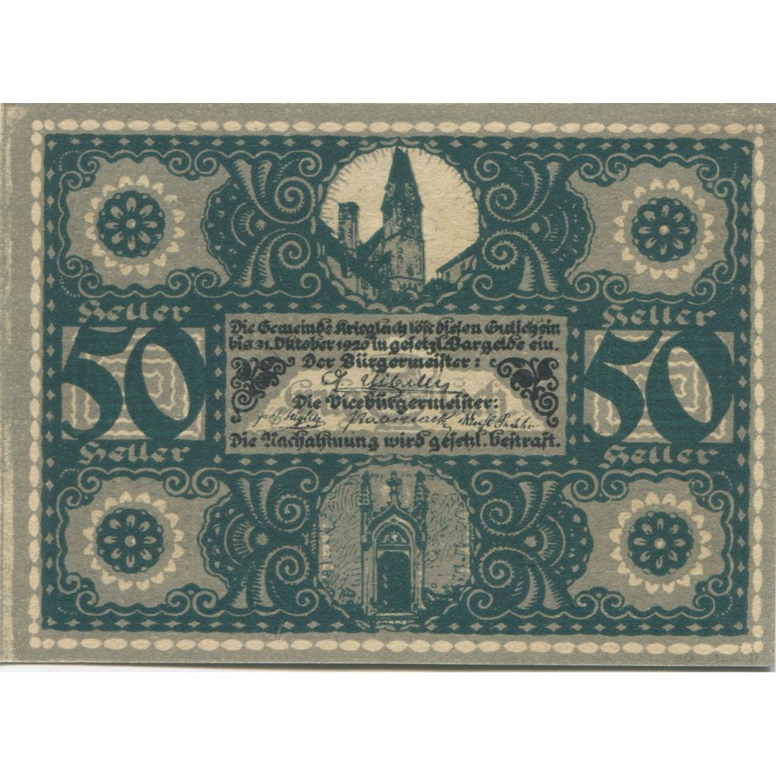 Billet, Autriche, Krieglach, 50 Heller, personnage 1920-10-31, SPL Mehl:FS 480a
