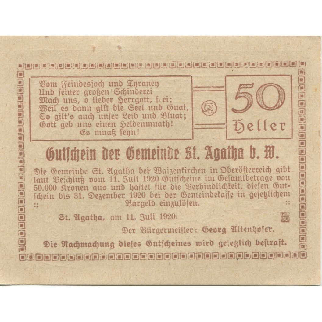 Geldschein, Österreich, St Agatha, 50 Heller, lac 1920-12-31 UNZ- Mehl:FS 877IId