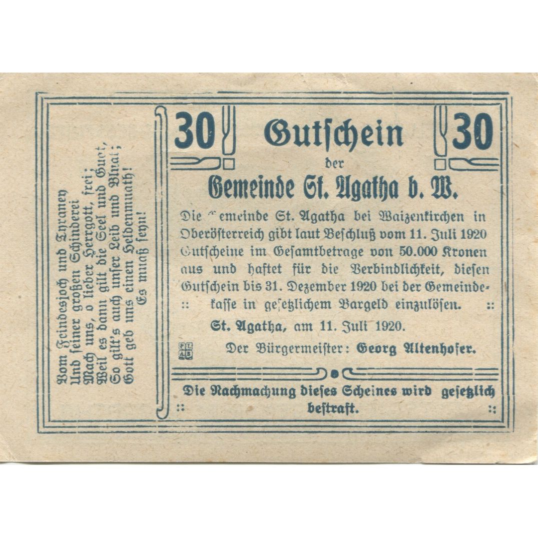 Geldschein, Österreich, St Agatha, 30 Heller, chalet, 1920 UNZ- Mehl:FS 877IId2