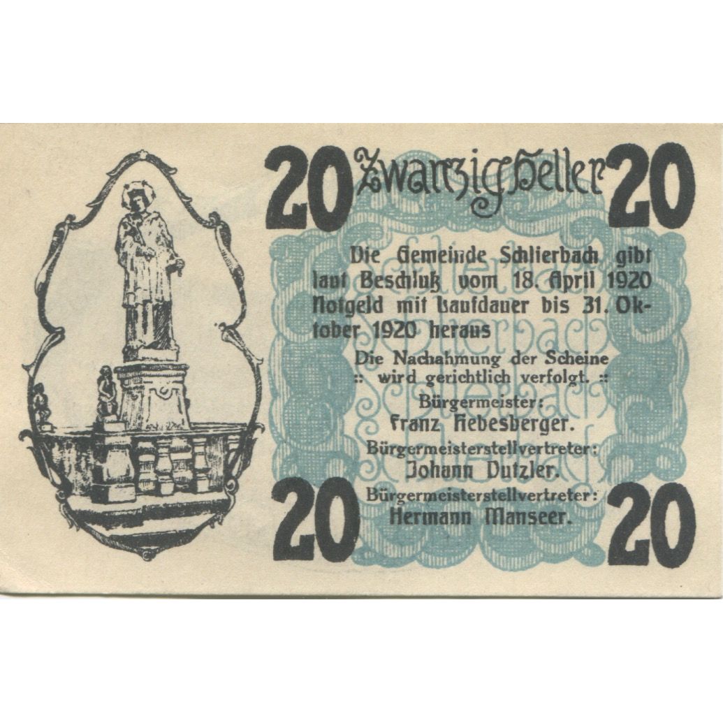 Geldschein, Österreich, Schlierbach, 20 Heller, Monument, 1920 UNZ- Mehl:FS 962I