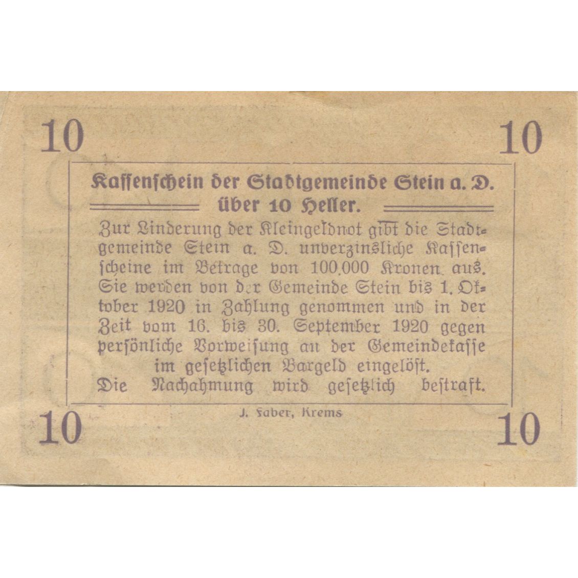 Geldschein, Österreich, Stein a/d D, 10 Heller, Eglise 1920 UNZ- Mehl:FS 1015I.1