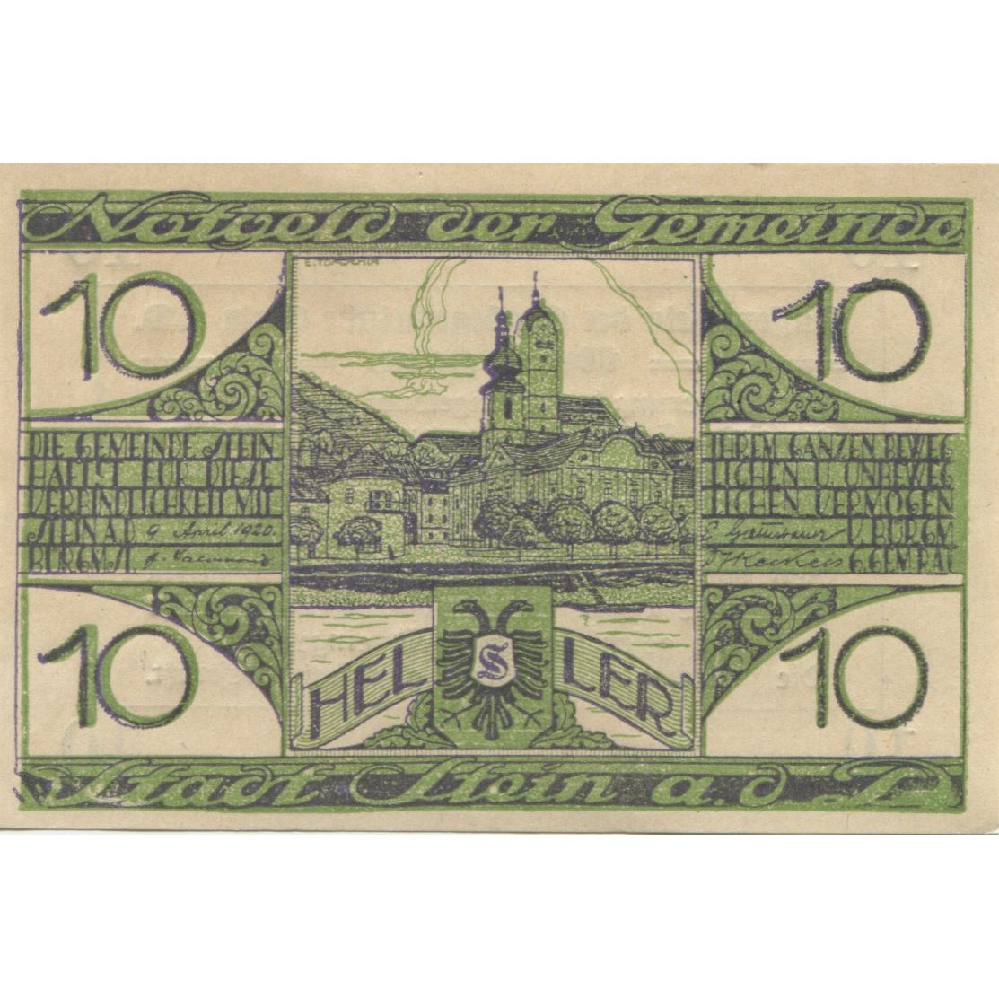 Geldschein, Österreich, Stein a/d D 10 Heller, paysage 1920 UNZ- Mehl:FS 1015I.1