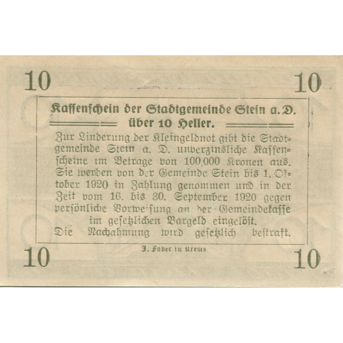 Geldschein, Österreich, Stein a/d D 10 Heller, paysage 1920 UNZ- Mehl:FS 1015I.1
