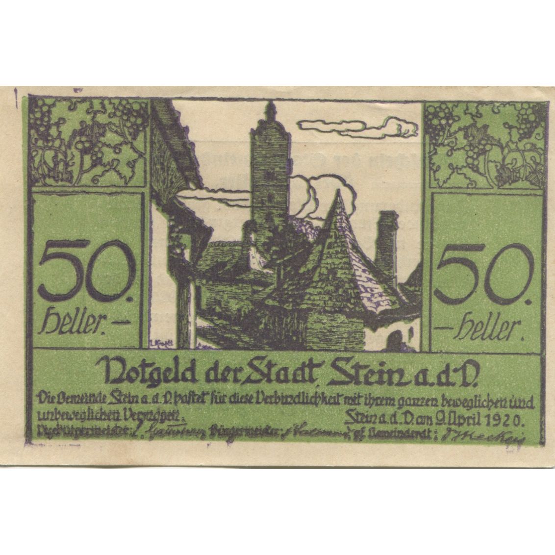 Billet, Autriche, Stein a/d Donau, 50 Heller, village, 1920 SPL Mehl:FS 1015I.1