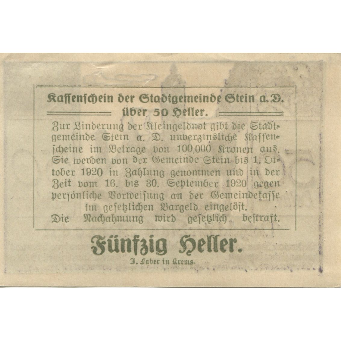 Billet, Autriche, Stein a/d Donau, 50 Heller, village, 1920 SPL Mehl:FS 1015I.1