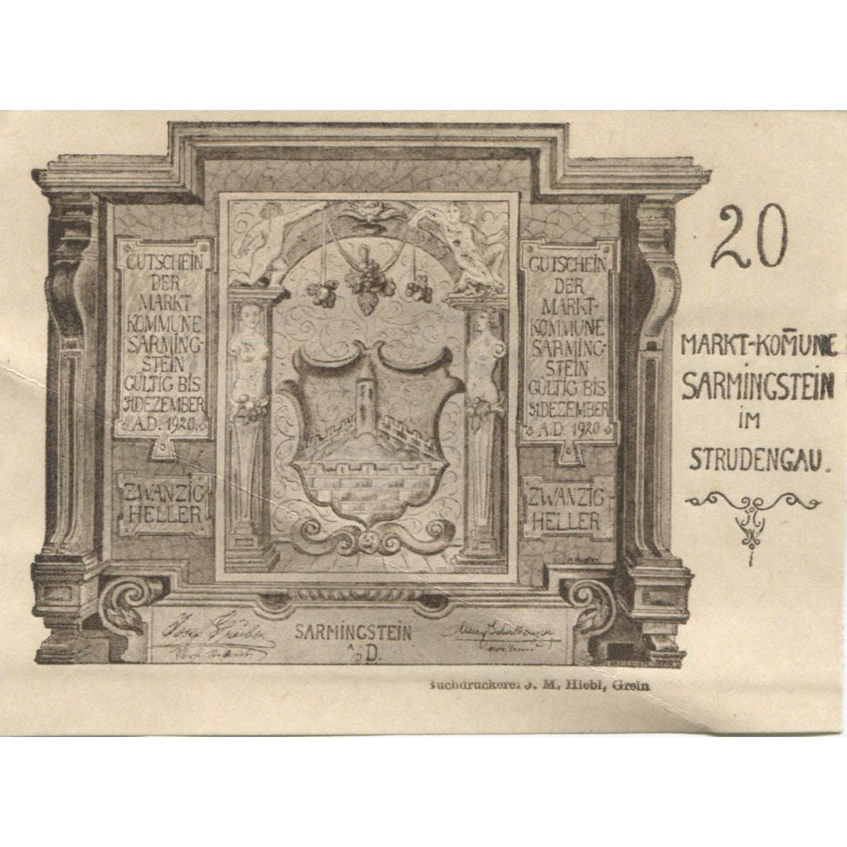 Banknote, Austria, Strudengau, 20 Heller, Blason, 1920 AU(55-58) Mehl:FS 914Ib