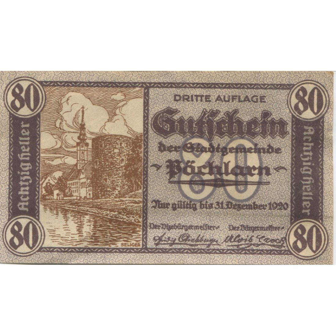 Geldschein, Österreich, Pochlarn, 80 Heller, fleuve, 1920 UNZ- Mehl:FS 755III