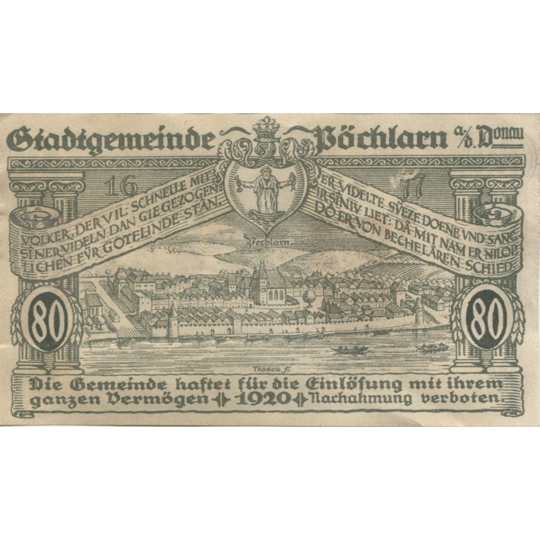 Geldschein, Österreich, Pochlarn, 80 Heller, fleuve, 1920 UNZ- Mehl:FS 755III