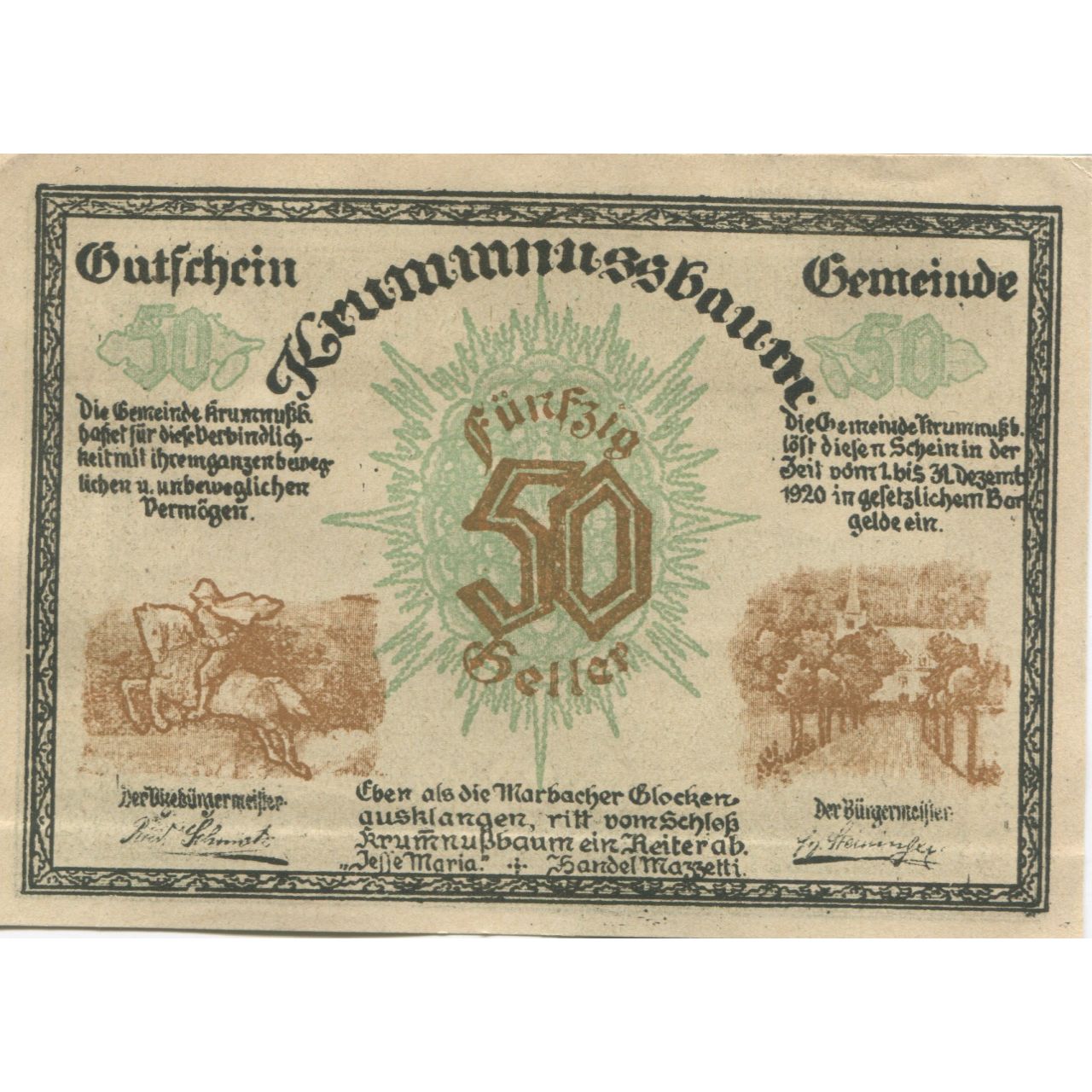 Geldschein, Österreich, Krummnusssbaum 50 Heller cheval, 1920 UNZ- Mehl:FS 488Ia