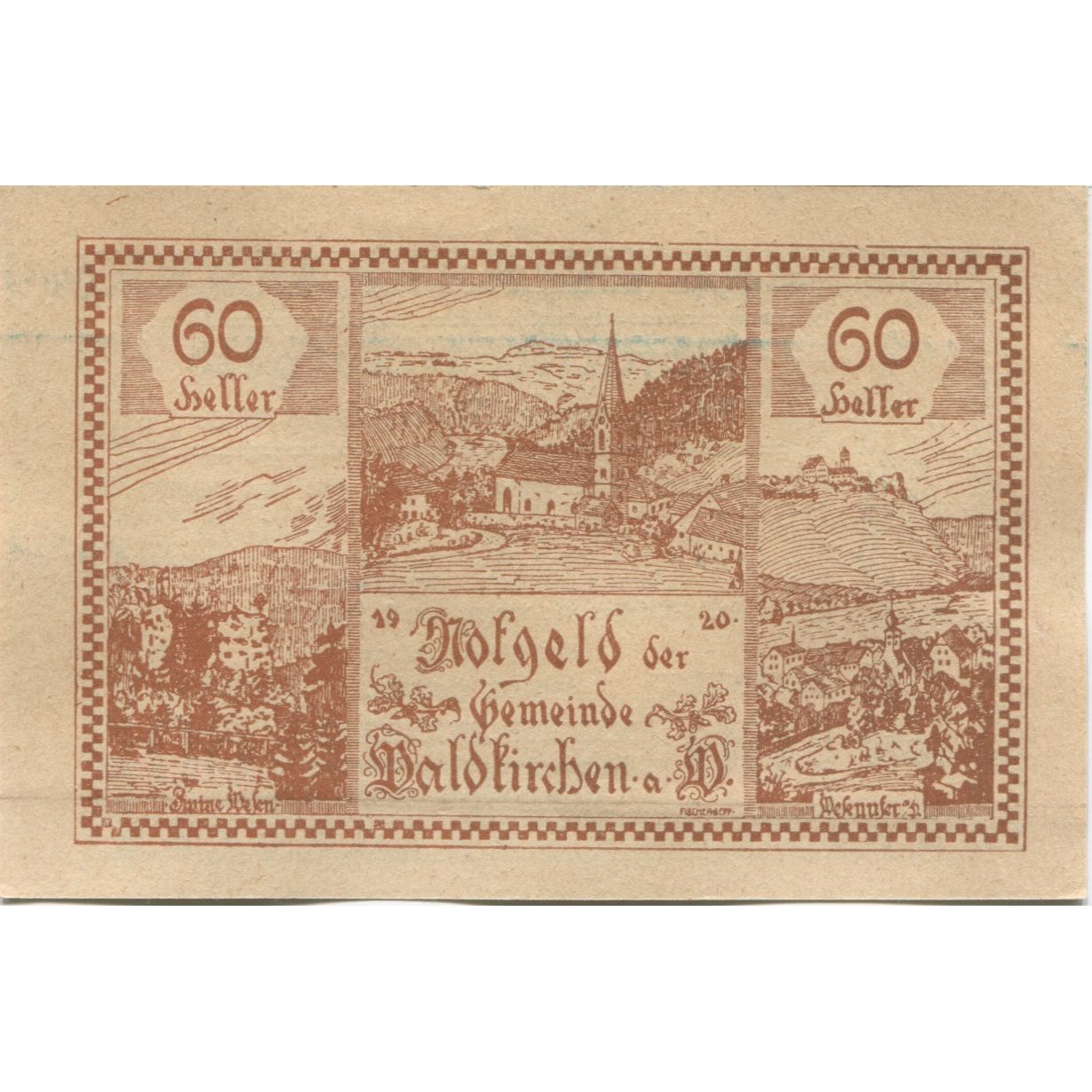 Banknote, Austria, Waldkirchen, 60 Heller, village, 1920 UNC(63) Mehl:FS 1133d