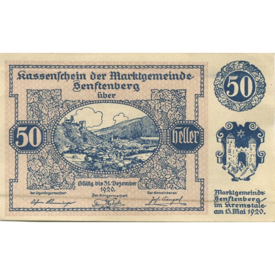 Banconote, Austria, Senftenberg, 50 Heller, château, 1920, 1920-12-31, SPL