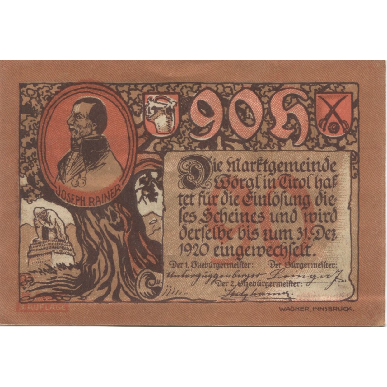 Banknote, Austria, Worgl, 90 Heller, arbre 1920-12-31, UNC(63), Mehl:FS 1252a
