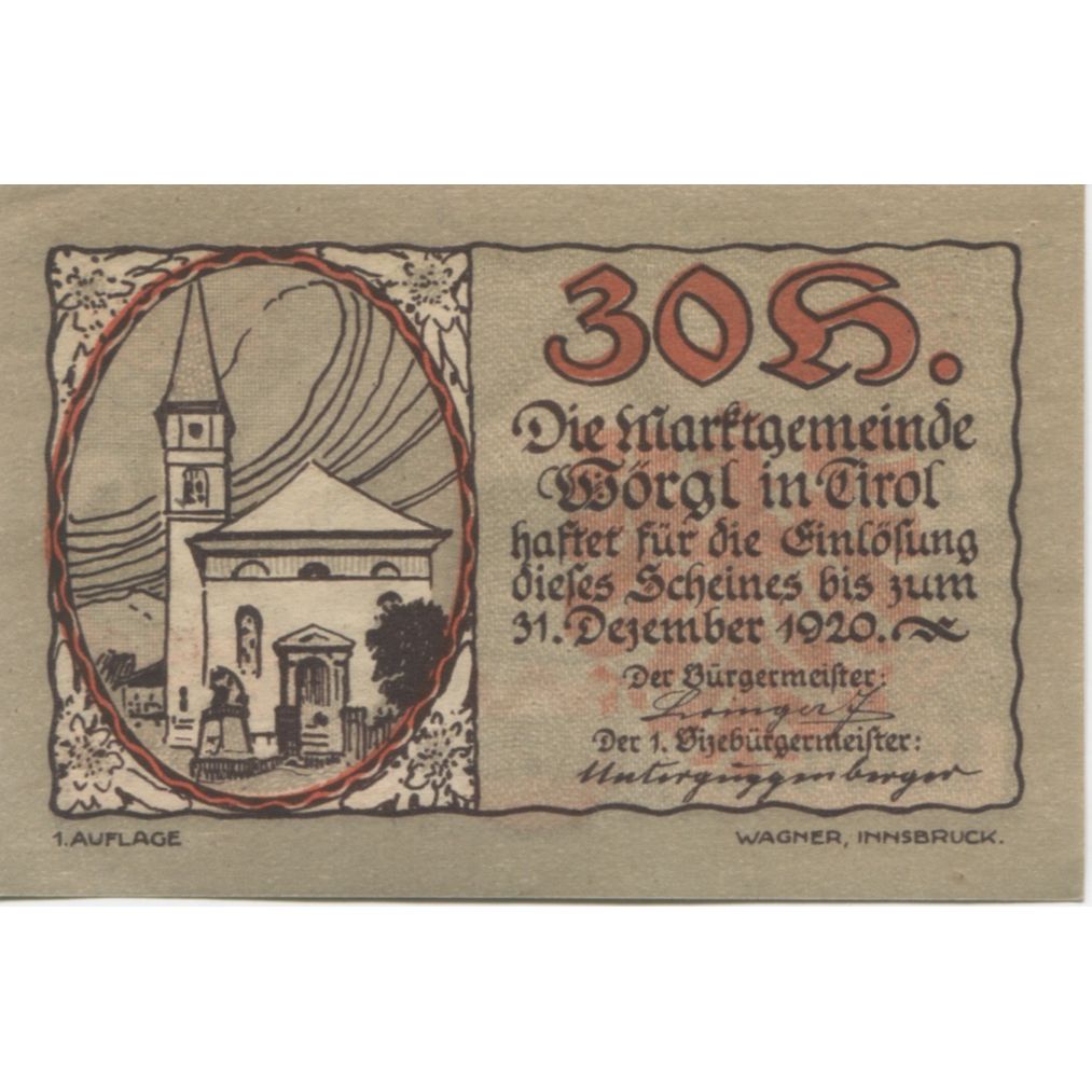 Geldschein, Österreich, Worgl, 30 Heller, grange, 1920, UNZ- Mehl:FS 1252a