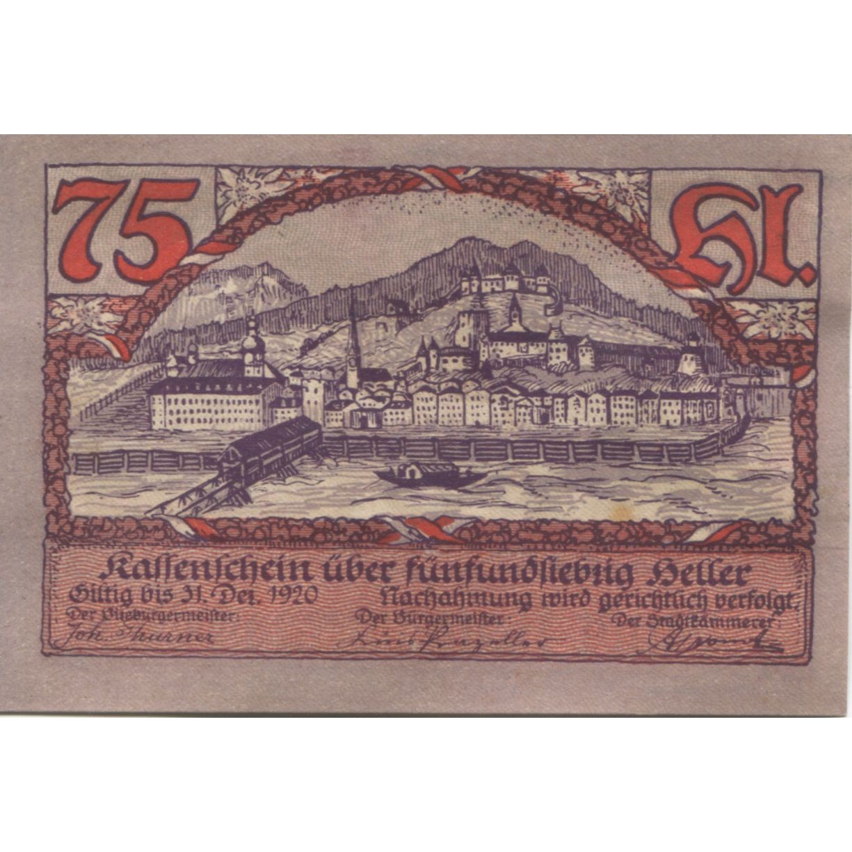 Banknote, Austria, Rattenberg, 75 Heller, Blason, 1920 UNC(63) Mehl:FS 821I