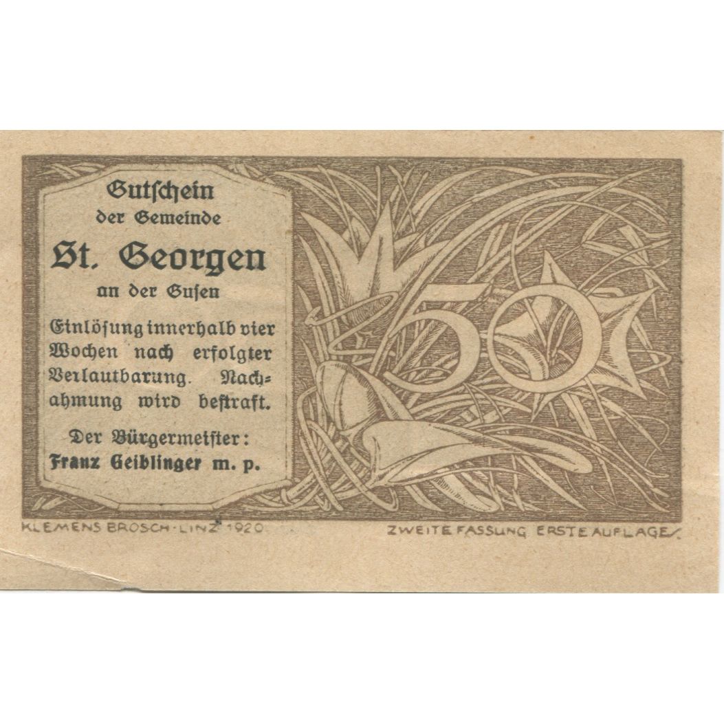 Banknote, Austria, St Georgen, 50 Heller, Fleur, 1920, UNC(63), Mehl:FS 888Ia