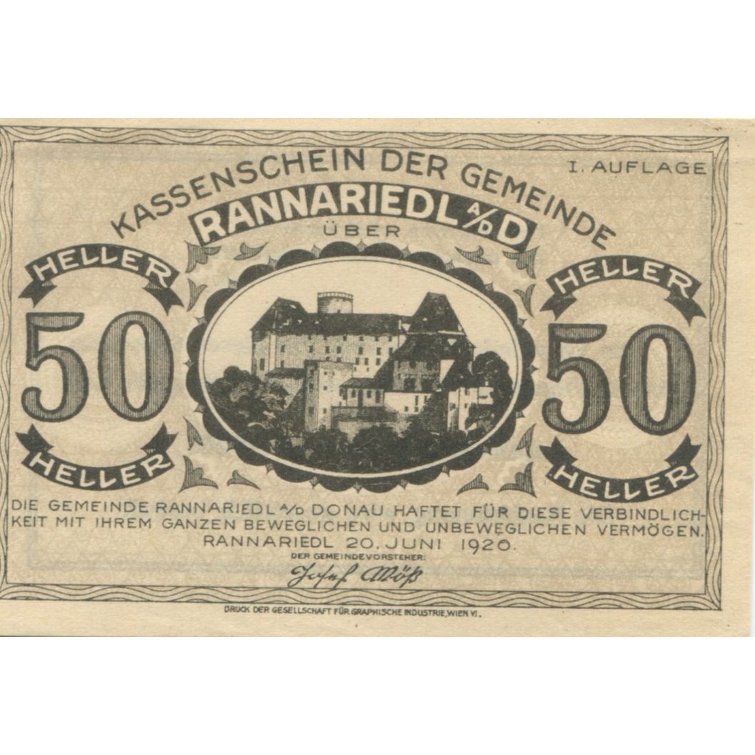 Billete, Austria, Rannariedl, 50 Heller, château 1920-12-31, SC, Mehl:FS 818a