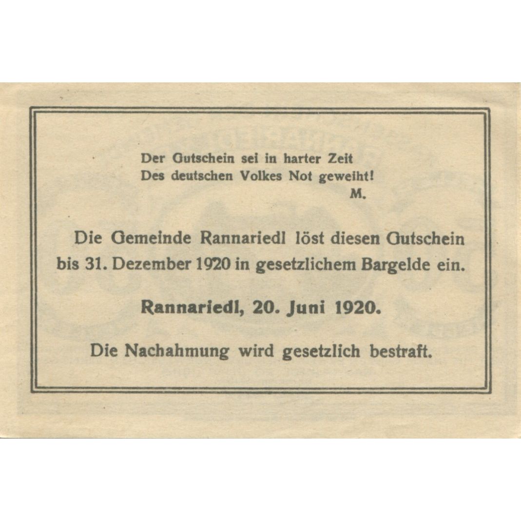Billete, Austria, Rannariedl, 50 Heller, château 1920-12-31, SC, Mehl:FS 818a