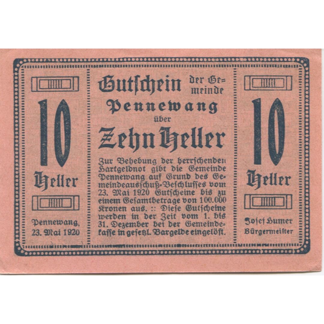 Geldschein, Österreich, Pennewang, 10 Heller, paysage, 1920, UNZ- Mehl:FS 727a