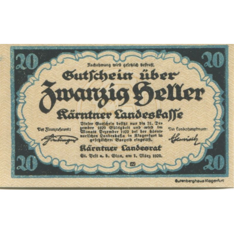 Banknote, Austria, Landesrat, 20 Heller, Texte, 1920, UNC(63), Mehl:FS 1073II
