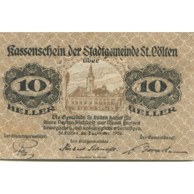 Nota, Áustria, St Pölten, 10 Heller, Eglise 1920-06-30, UNC(63) Mehl:FS 927