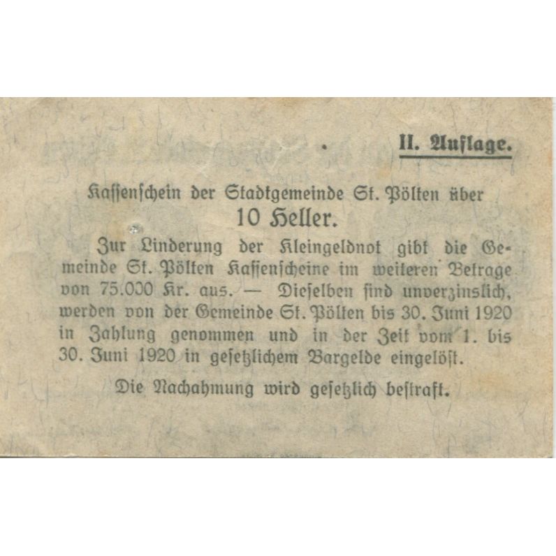 Nota, Áustria, St Pölten, 10 Heller, Eglise 1920-06-30, UNC(63) Mehl:FS 927
