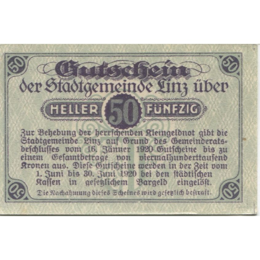 Banknote, Austria, Linz, 50 Heller, Texte 1920-06-30, UNC(63), Mehl:FS 529b