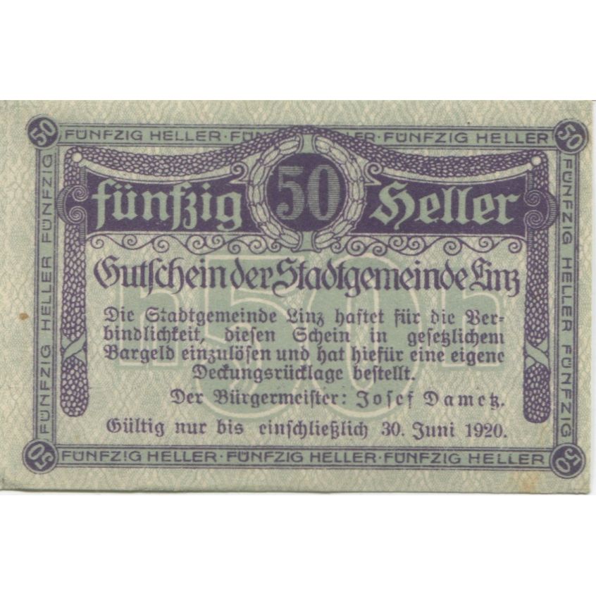 Banknote, Austria, Linz, 50 Heller, Texte 1920-06-30, UNC(63), Mehl:FS 529b