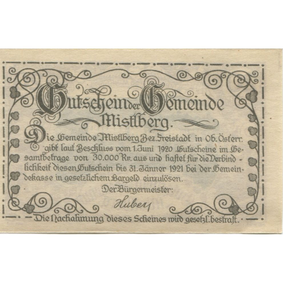 Banknote, Austria, Mistlberg, 20 Heller, village, 1921 UNC(63) Mehl:FS 40